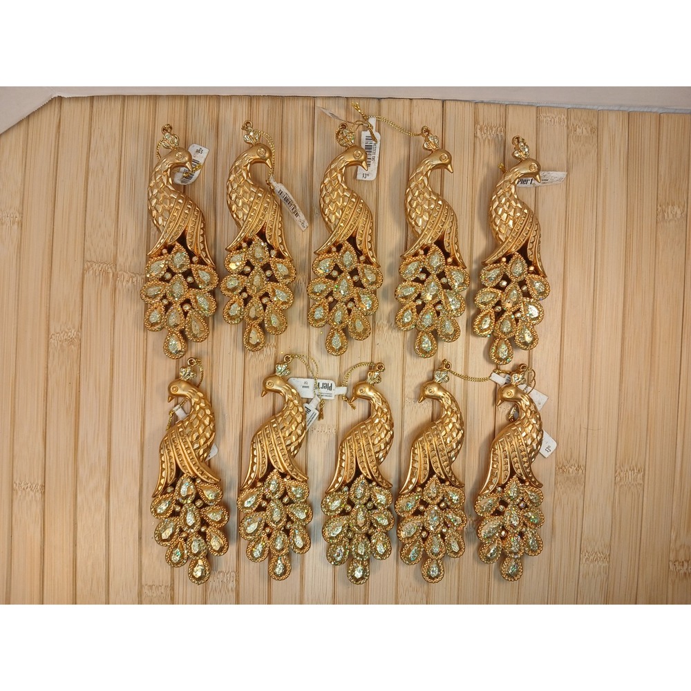 Pier 1 Imports Gold Peacock Christmas Ornaments Glitter Set of 10 SKU 3232236